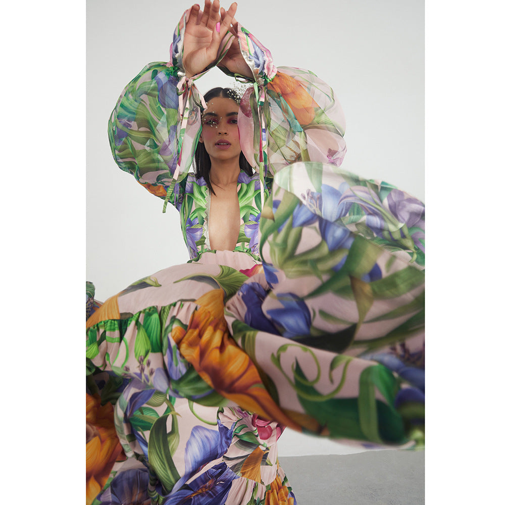 V Neck Bubble Long Sleeve Printed One Piece Swimsuit Women Bella Mia